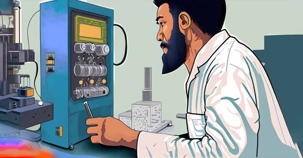 short bearded and short haired bangladeshi man inside a calibration lab in bangladesh doing through inspection