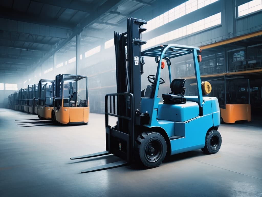 a blue fork lift infront of multiple yellow fork lift waiting for inspection